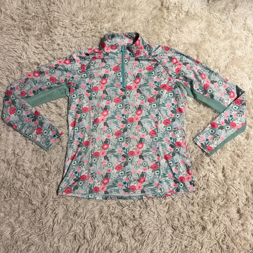 Women Large Green Floral Pattern Smartpak Long Sleeve Horseback Riding Sunshirt
